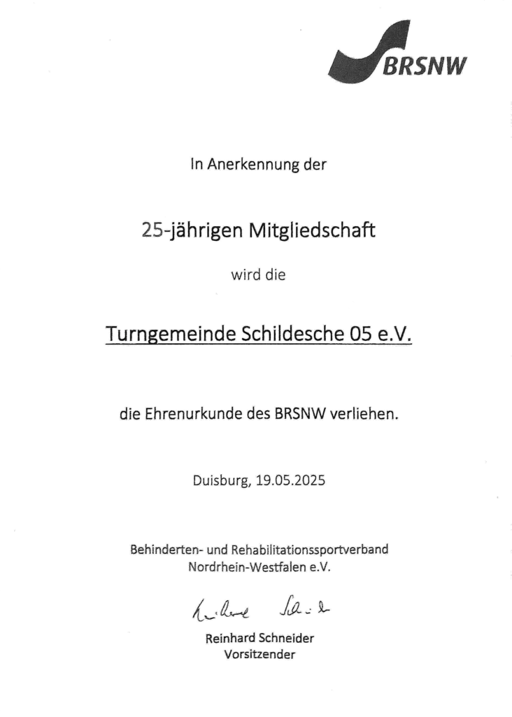 Ehrenurkunde der TG Schildesche zur 25-jährigen Mitgliedschaft im BRSNW